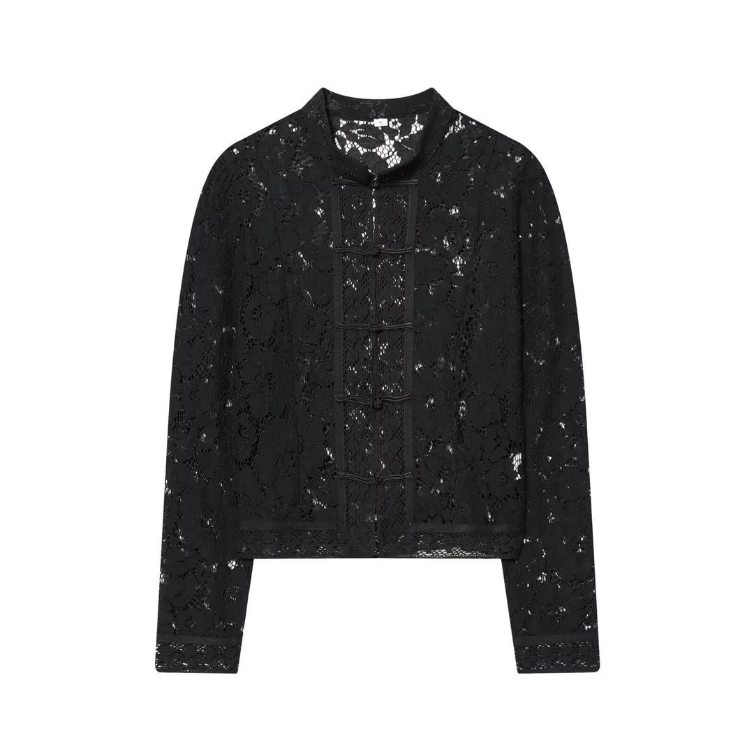 Damen Spitzenjacke mit Stehkragen und chinesischen Knotenverschlüssen Drune