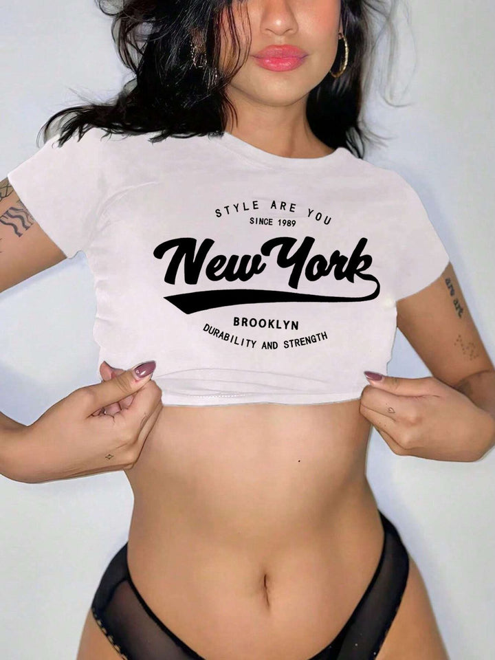 Damen Crop-T-Shirt mit kreativem New York Aufdruck Drune