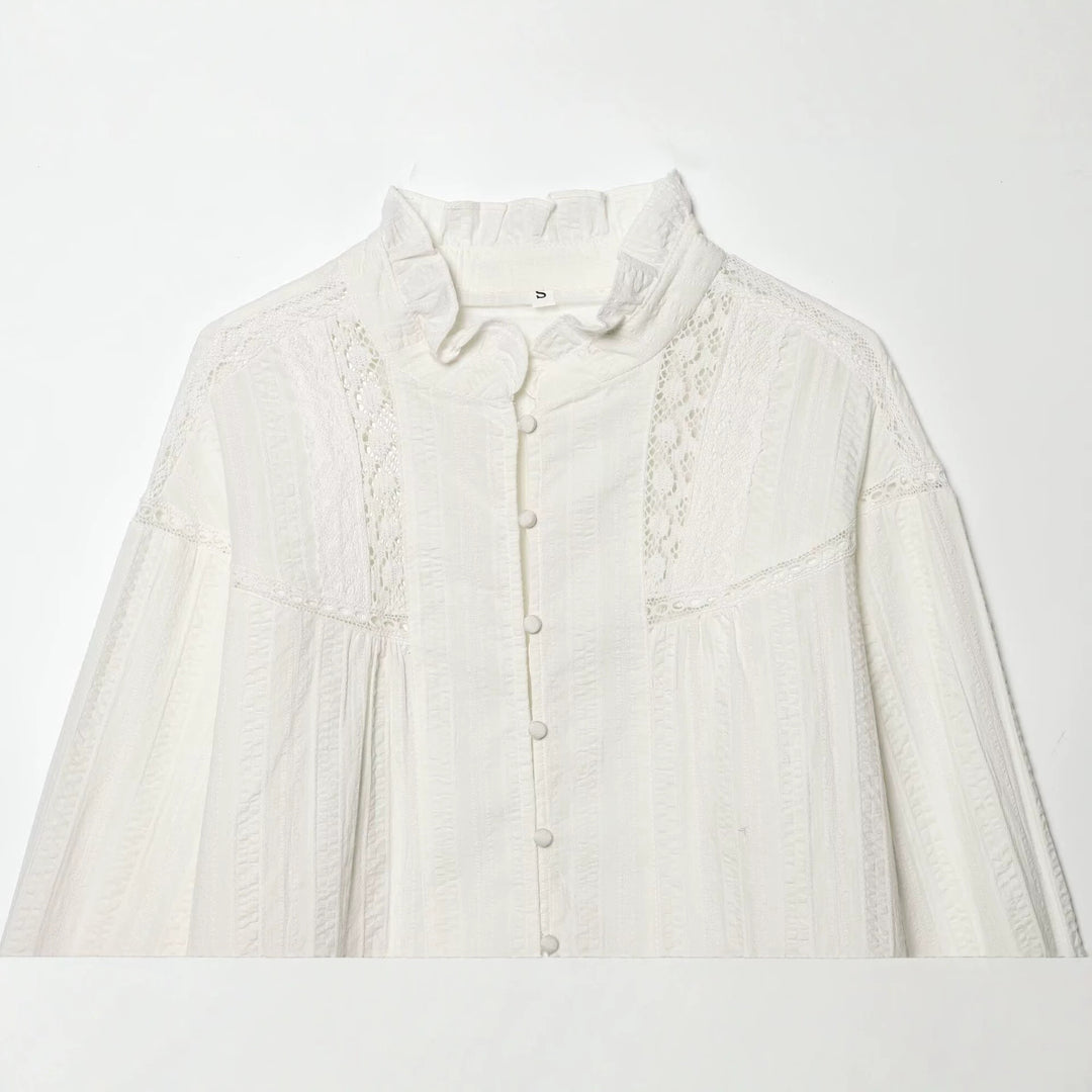 Damen Lockeres Vintage-Bluse mit Stehkragen, Spitzeinsätzen und Ballonärmeln Drune