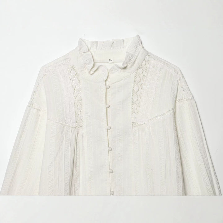 Damen Lockeres Vintage-Bluse mit Stehkragen, Spitzeinsätzen und Ballonärmeln Drune