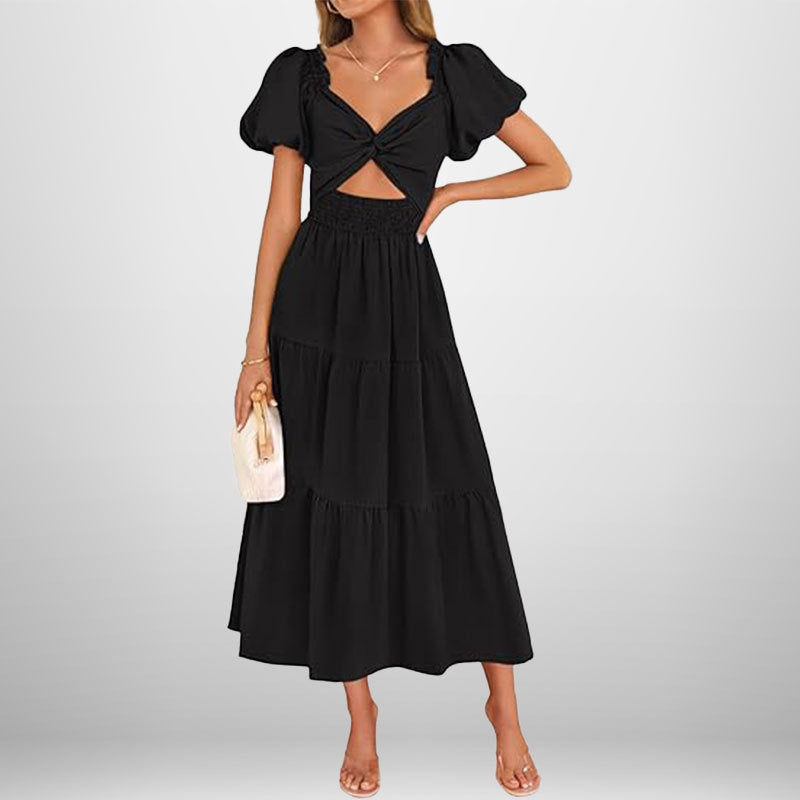 Damen Midi-Kleid mit floralem Twist und elastischem Taillengummi Drune