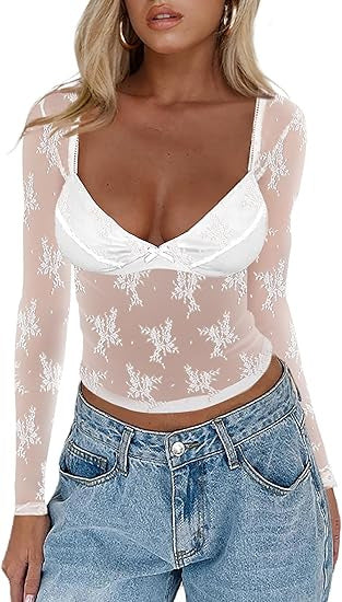Damen Transparente Spitzenbluse mit eleganten Details Drune