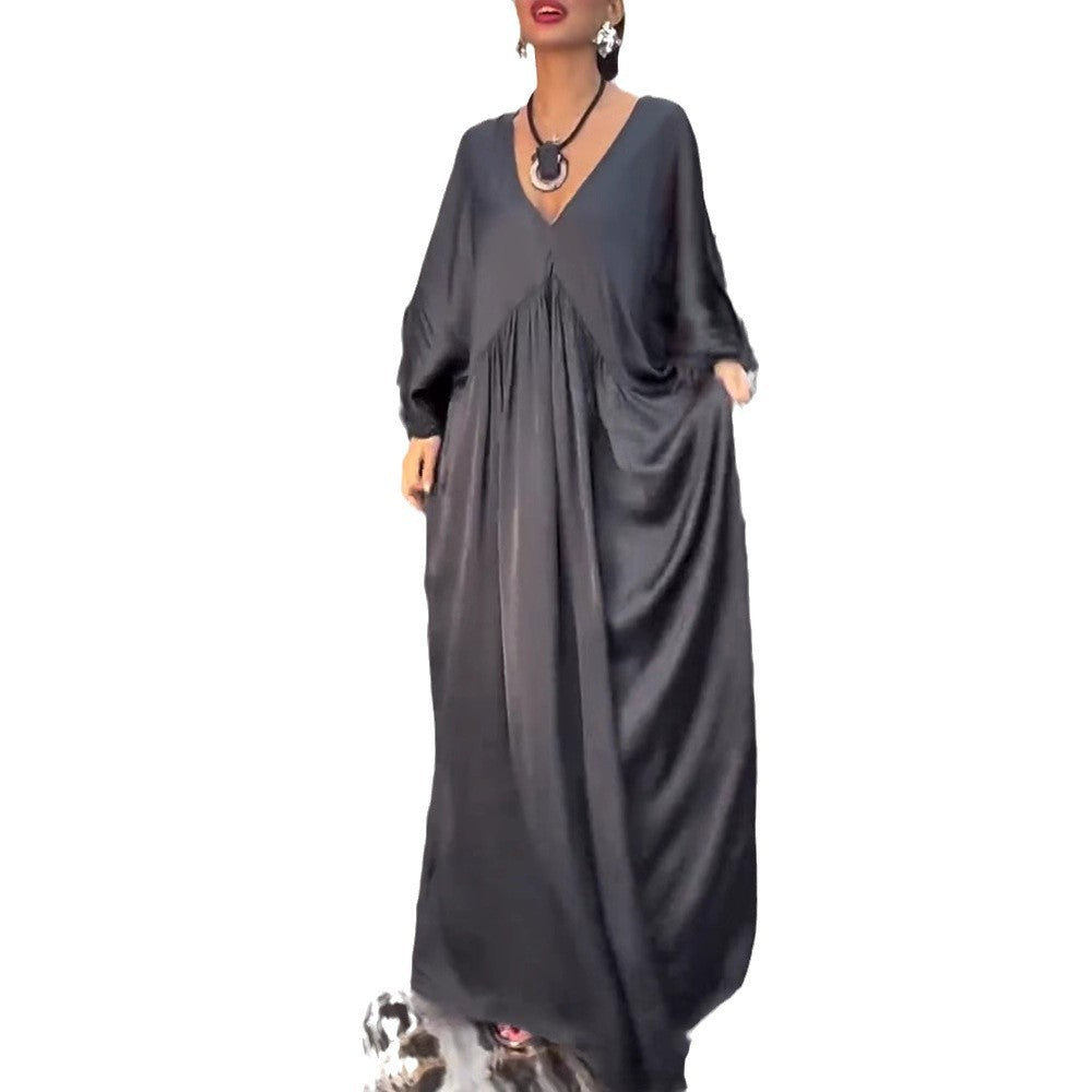 Damen nan Satinoptik Kaftan-Maxikleid mit V-Ausschnitt, geraffter Empirenaht und Volantsärmeln Drune