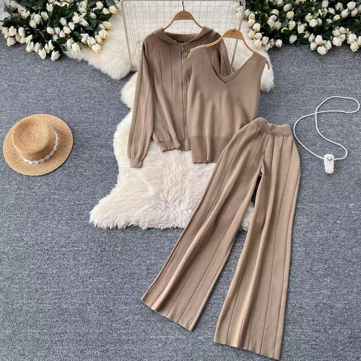 Damen modisches Strick-Loungewear-Set mit V-Ausschnitt und Kapuze Drune