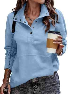 Damen Sweatpullover mit Stehkragen-Knopfleiste und Kängurutasche Drune