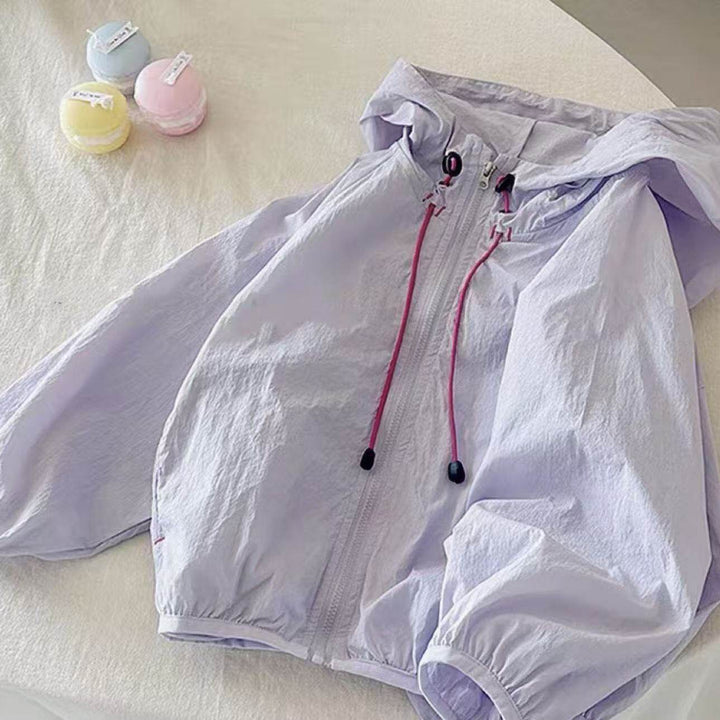 Damen nan leichte Kapuzenjacke Windbreaker mit Kordelzug, elastischem Saum und Reißverschluss Drune