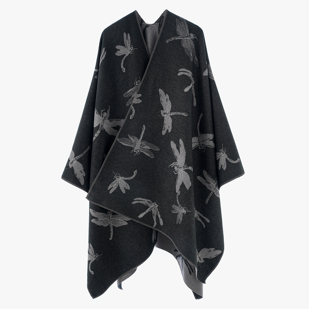 Damen Oversize-Cape aus feinem Jaquardstrick mit Libellenmotiv und reversibler Wolloptik Drune