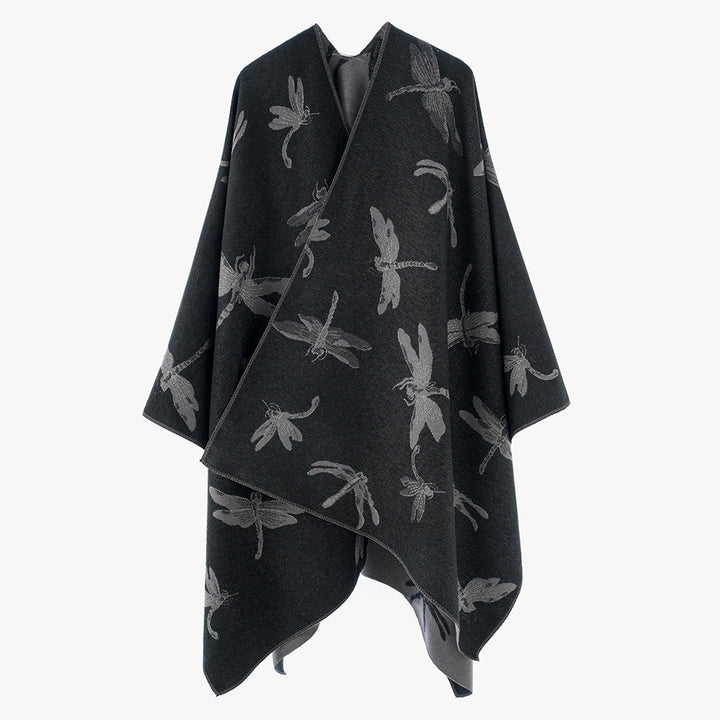 Damen Oversize-Cape aus feinem Jaquardstrick mit Libellenmotiv und reversibler Wolloptik Drune