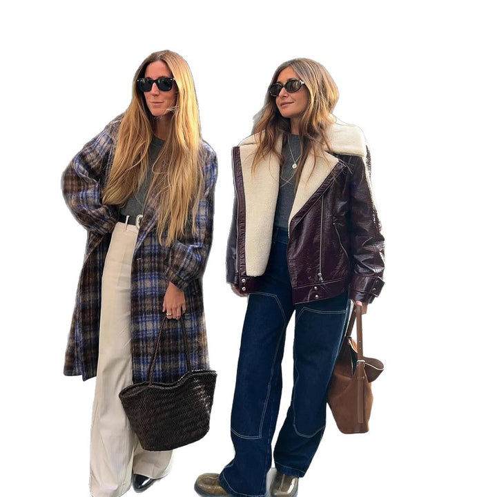 Damen Lackleder-Bikerjacke mit Sherpa-Futter und Oversize-Schnitt Drune