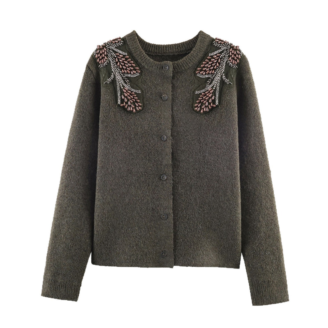 Damen Kurze Bouclé-Strickjacke mit Perlen- und Perlenapplikation an den Schultern Drune