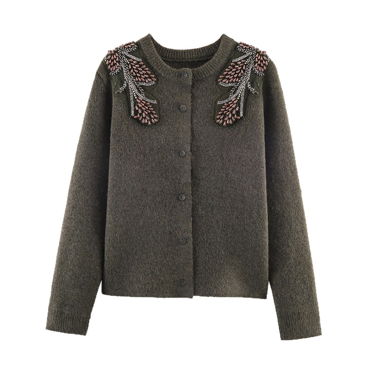 Damen Kurze Bouclé-Strickjacke mit Perlen- und Perlenapplikation an den Schultern Drune