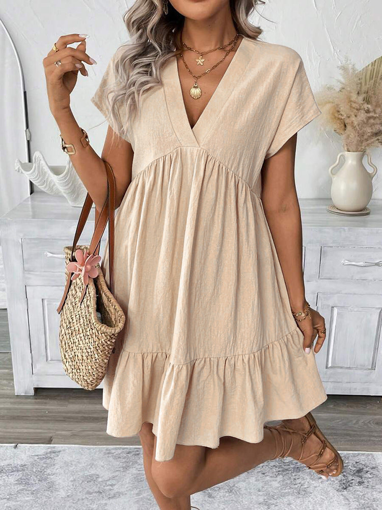 Damen kurzes Sommerkleid mit tiefem V-Ausschnitt und Rüschensaum Drune