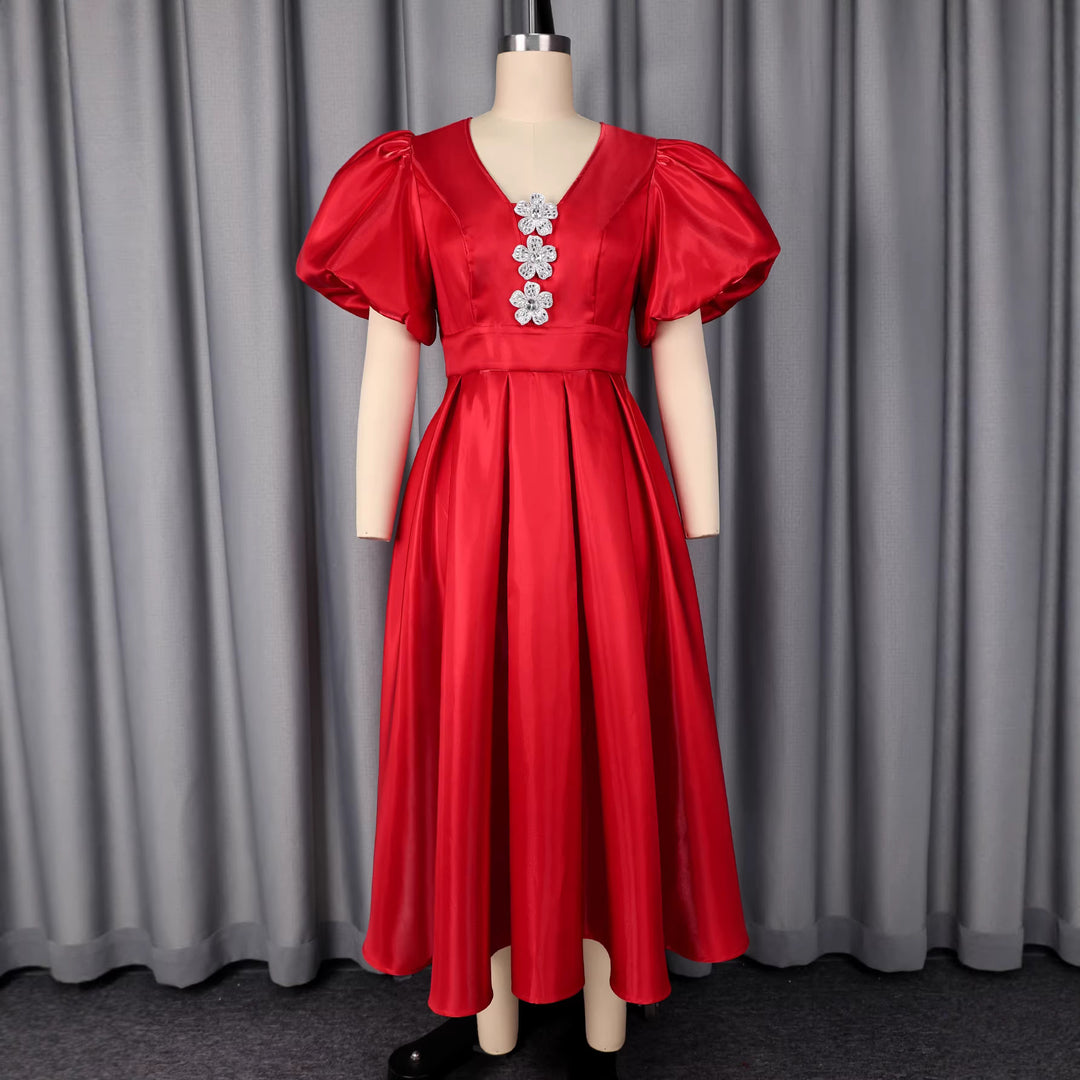 Damen Abendkleid mit schimmerndem Satin und voluminösen Puffärmeln Drune