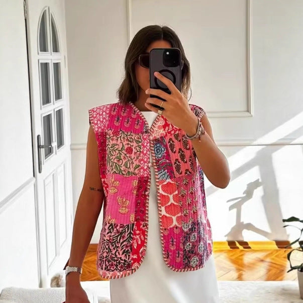 Damen Gesteppte Weste mit Toile‑Print, gestreifter Innenverarbeitung und Kordelbindung Drune