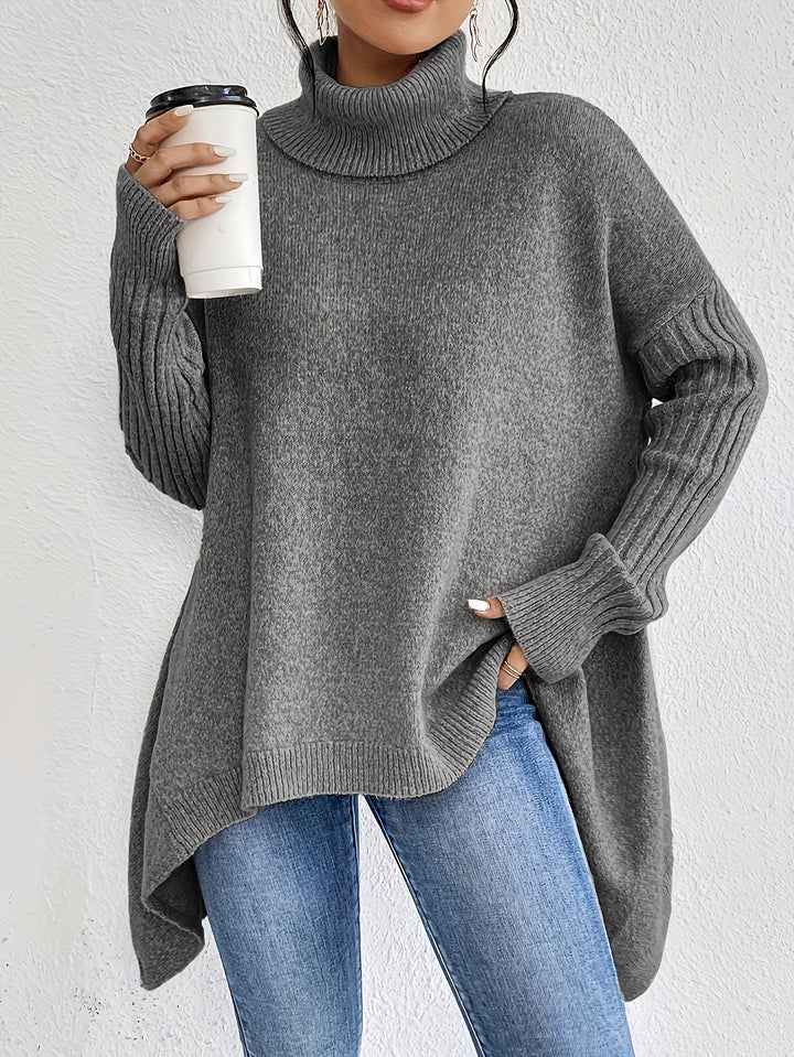 Damen nan Oversize Strickpullover mit hohem Rollkragen, gerippten Ärmeln und asymmetrischem Saum Drune
