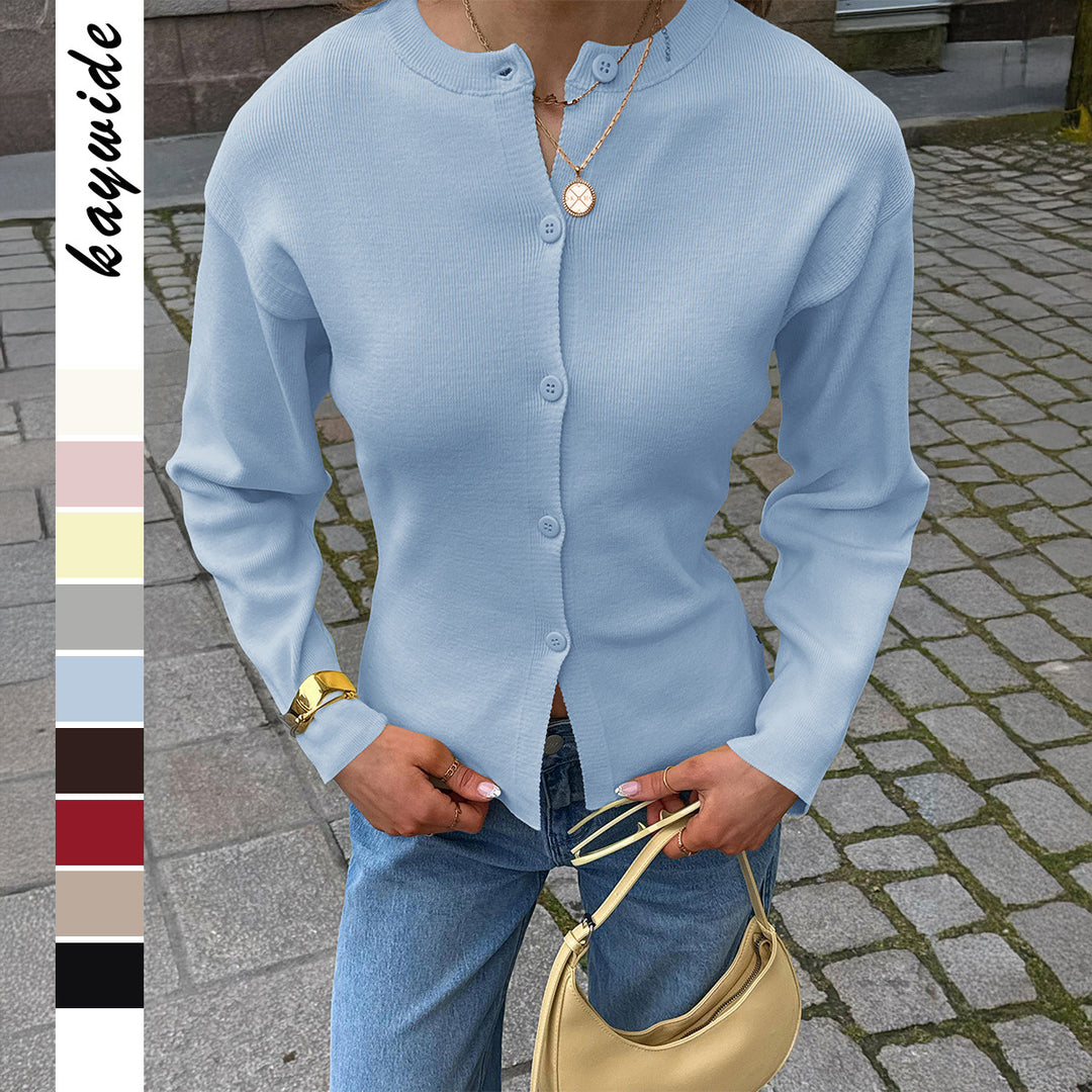 Damen nan taillierte Strickjacke mit asymmetrischer Knopfleiste und Rundhalsausschnitt Drune