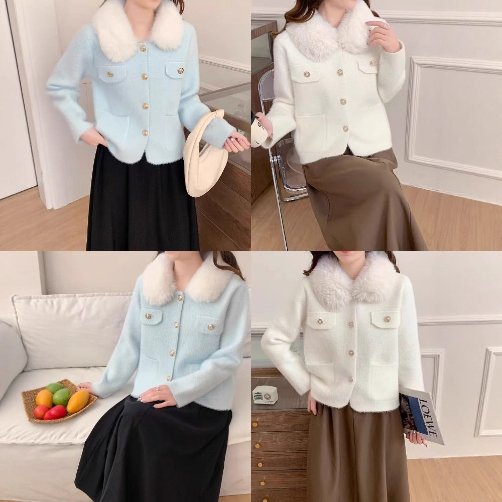 Damen Elegante Kurzjacke mit Kunstfellkragen Drune