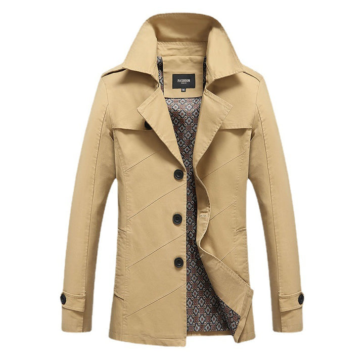 Herren moderner zweireihiger Trenchcoat mit Epauletten und kariertem Innenfutter Drune