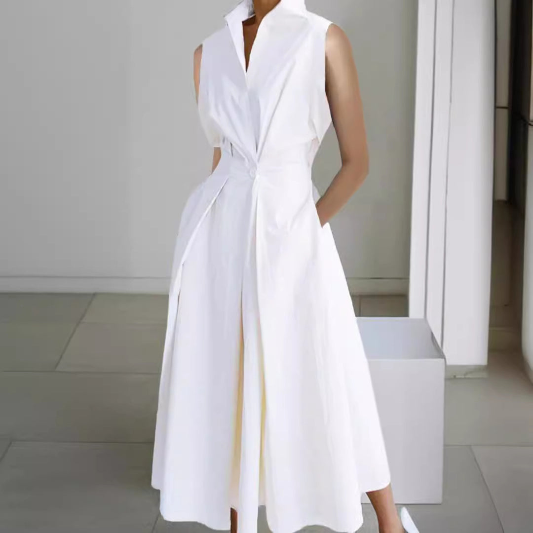 Damen Elegant geschnittenes Midi-Kleid mit tiefem V-Ausschnitt und praktischen Taschen Drune