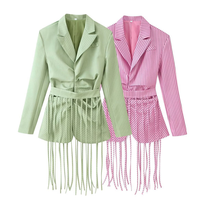 Damen 20+ taillierter Blazer mit Fransen-Detail und Nadelstreifen Drune