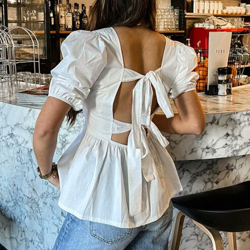 Damen bezaubernde Bluse mit Knoten-Detail und Puffärmeln Drune