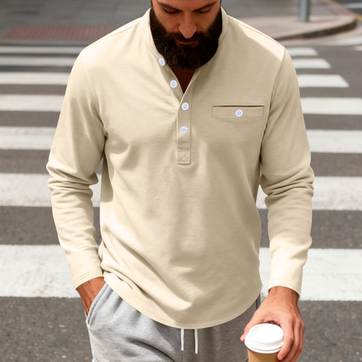 Herren nan langärmeliges Henley-Shirt mit Stehkragen, Brusttasche und dekorativer Knopfleiste Drune