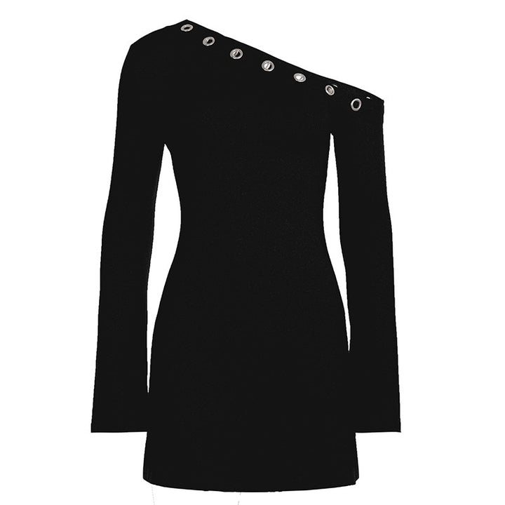 Damen Ein-Schulter Longsleeve-Minikleid mit Ösenbordüre Drune