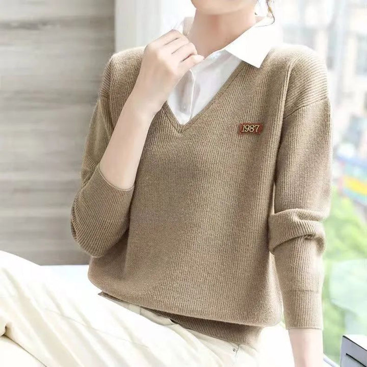 Damen eleganter V-Ausschnitt Pullover mit Hemdkragen Drune