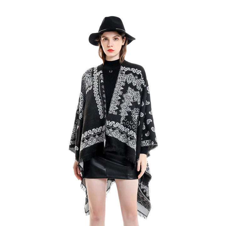 Damen Jacquard-Umhangponcho mit Paisley-Muster und Fransen Drune