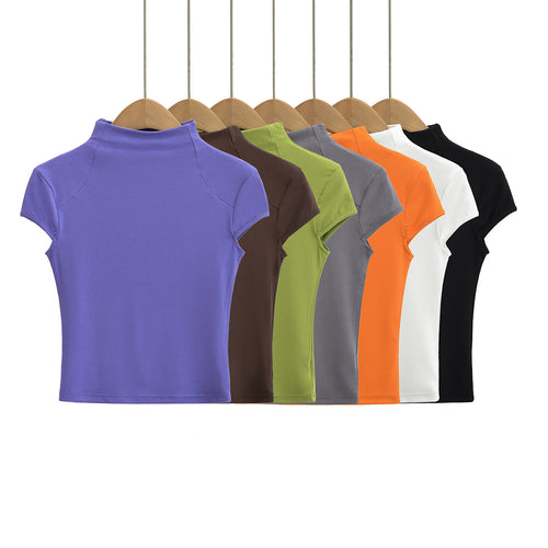 Damen hochwertiges Kurzarm-T-Shirt mit Stehkragen und figurbetontem Schnitt Drune