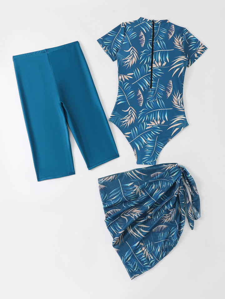 Damen Sportlicher Einteiler Badeanzug mit ergänzenden Leggings und Wickelrock Drune