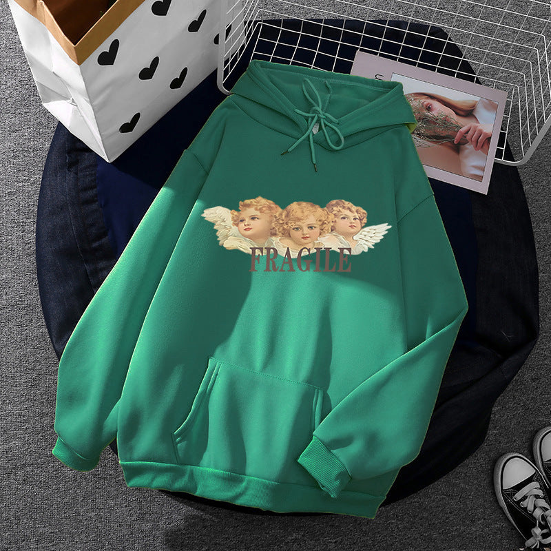 Damen nan leichter Oversize Kapuzenpullover mit Herz‑EKG‑Motiv, langen Kordeln und elastischem Bund Drune