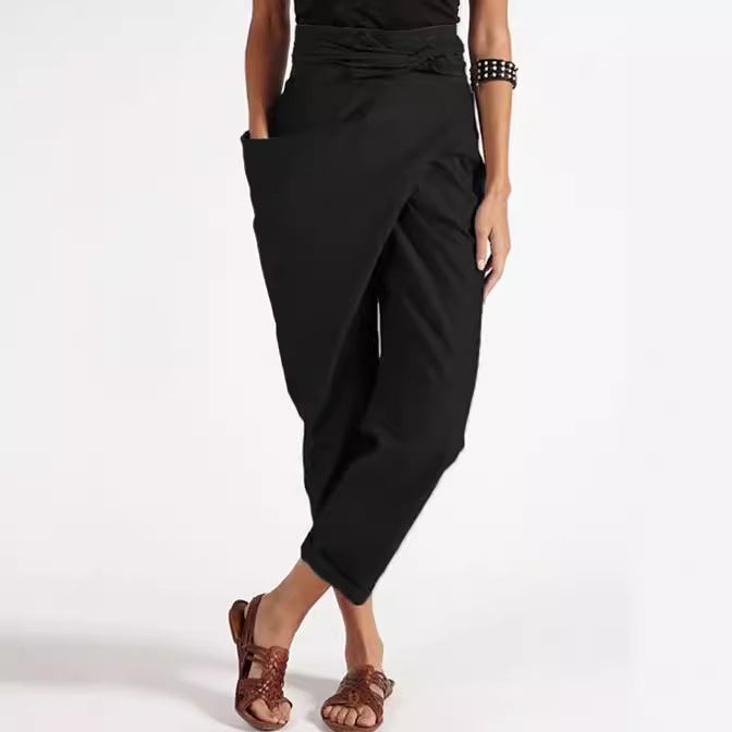 Damen nan Wickelhose aus Leinenmix mit hohem Taillenbund, überlappender Vorderseite und großzügiger Eingrifftasche Drune