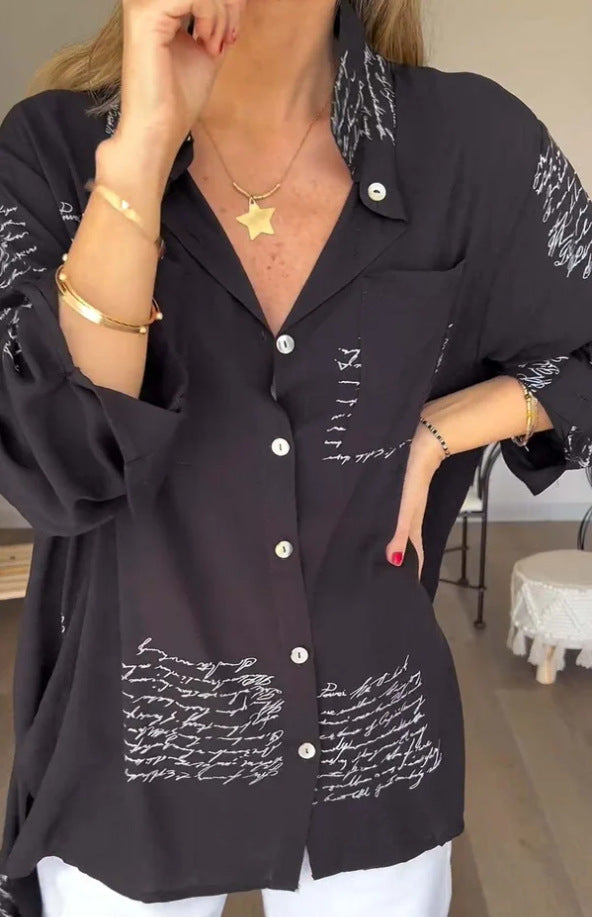 Damen Oversize Hemd Bluse aus leichtem Chiffon mit Text-Patch-Druck und aufgenähter Brusttasche Drune