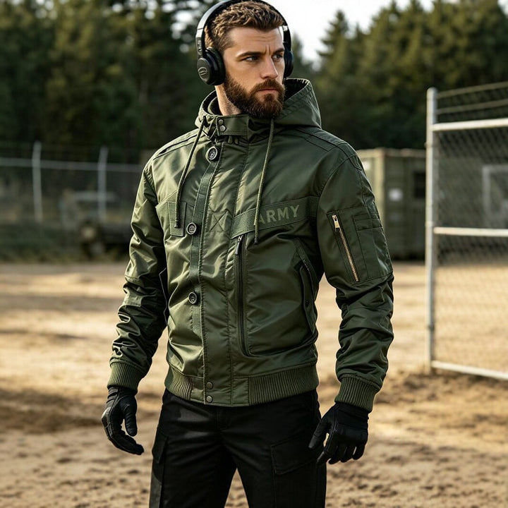Herren Militärinspirierte Kapuzen-Bomberjacke mit Utility-Taschen Drune