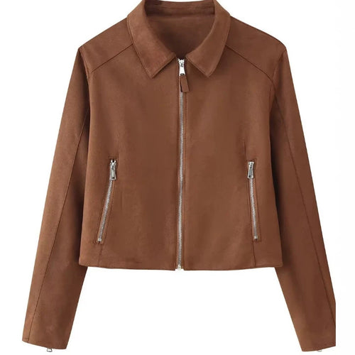 Damen Cropped Jacke aus Velourslederoptik mit Hemdkragen und zwei Reißverschlusstaschen Drune