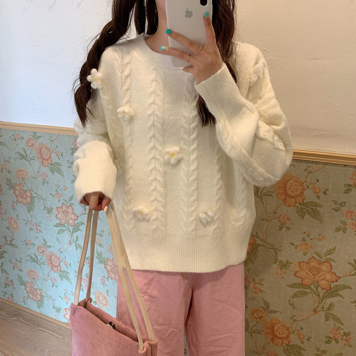 Damen Modischer Grobstrickpullover mit Blumenapplikationen Drune