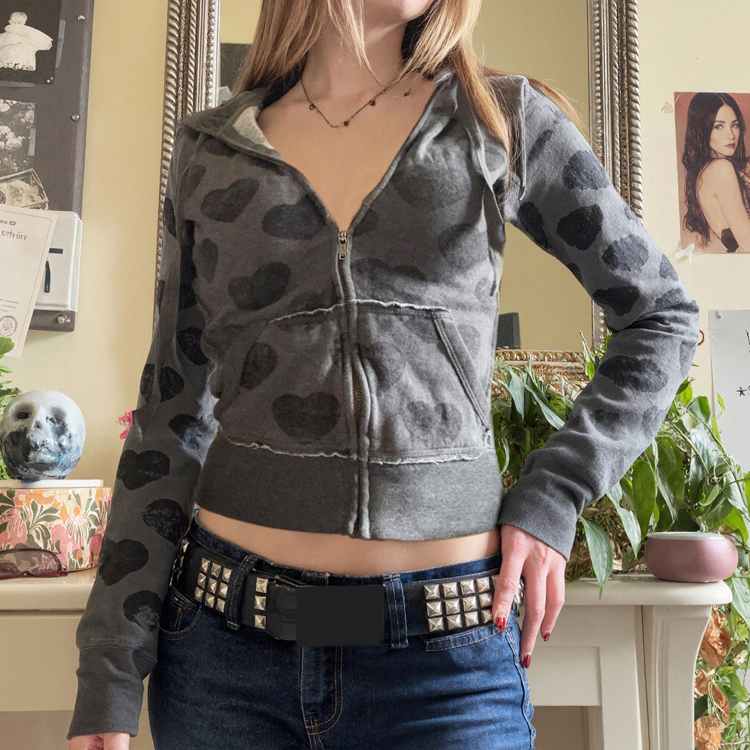 Damen Kurze Kapuzenjacke mit Reißverschluss, Kängurutasche und Allover-Herzmuster Drune