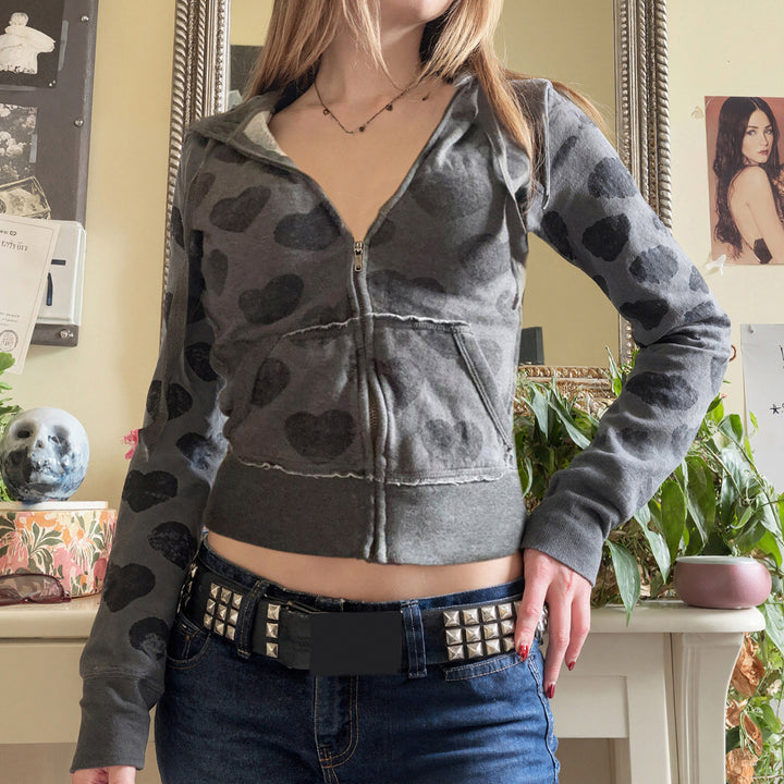 Damen Kurze Kapuzenjacke mit Reißverschluss, Kängurutasche und Allover-Herzmuster Drune