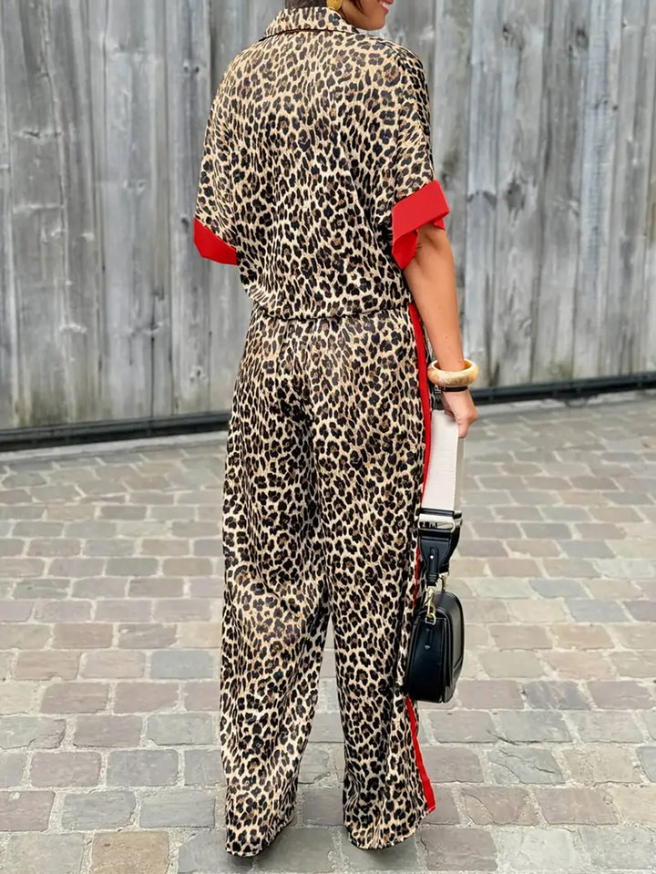 Damen elegante und bequeme Leinen-Jumpsuit mit Leopardenmuster und Kontraststreifen Drune