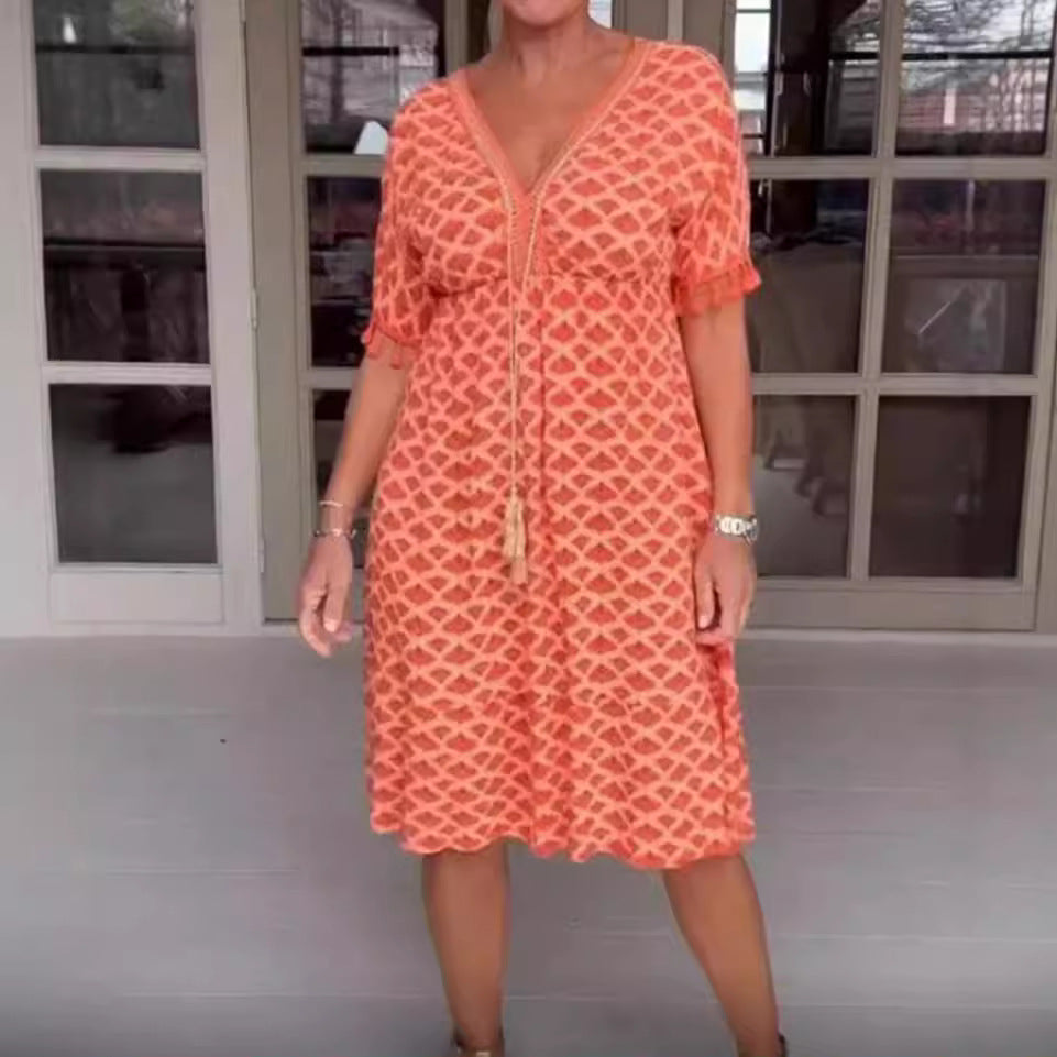 Damen nan lässiges V-Ausschnitt Strandkleid mit Quastenbindeband und Volantrock Drune