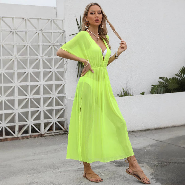 Damen elegantes Maxi-Kleid mit tiefem V-Ausschnitt und fließendem Rock Drune