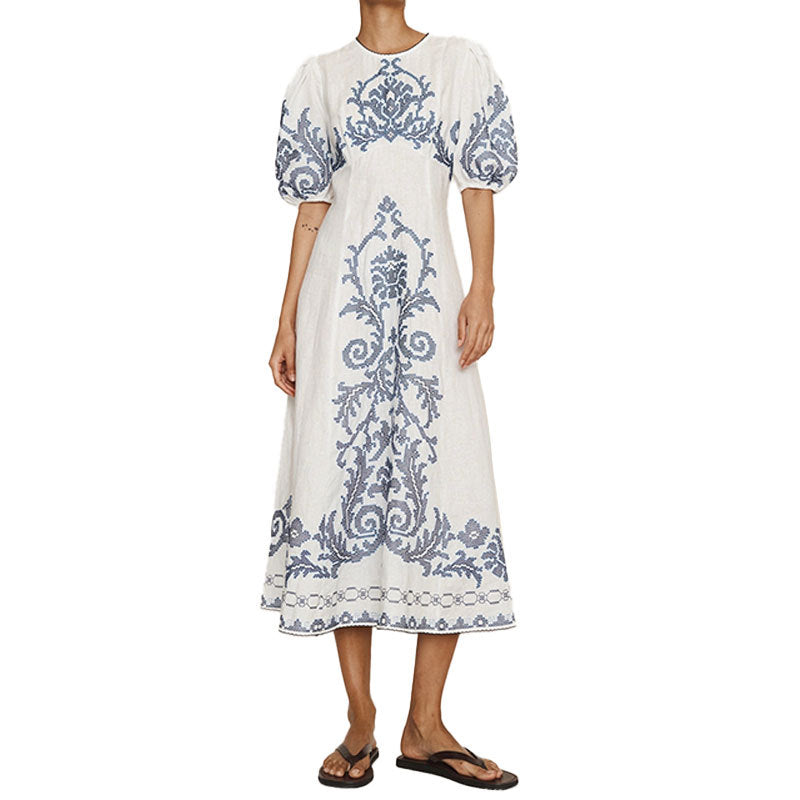 Damen Midikleid mit kunstvollem Stickmuster und voluminösen Ärmeln Drune