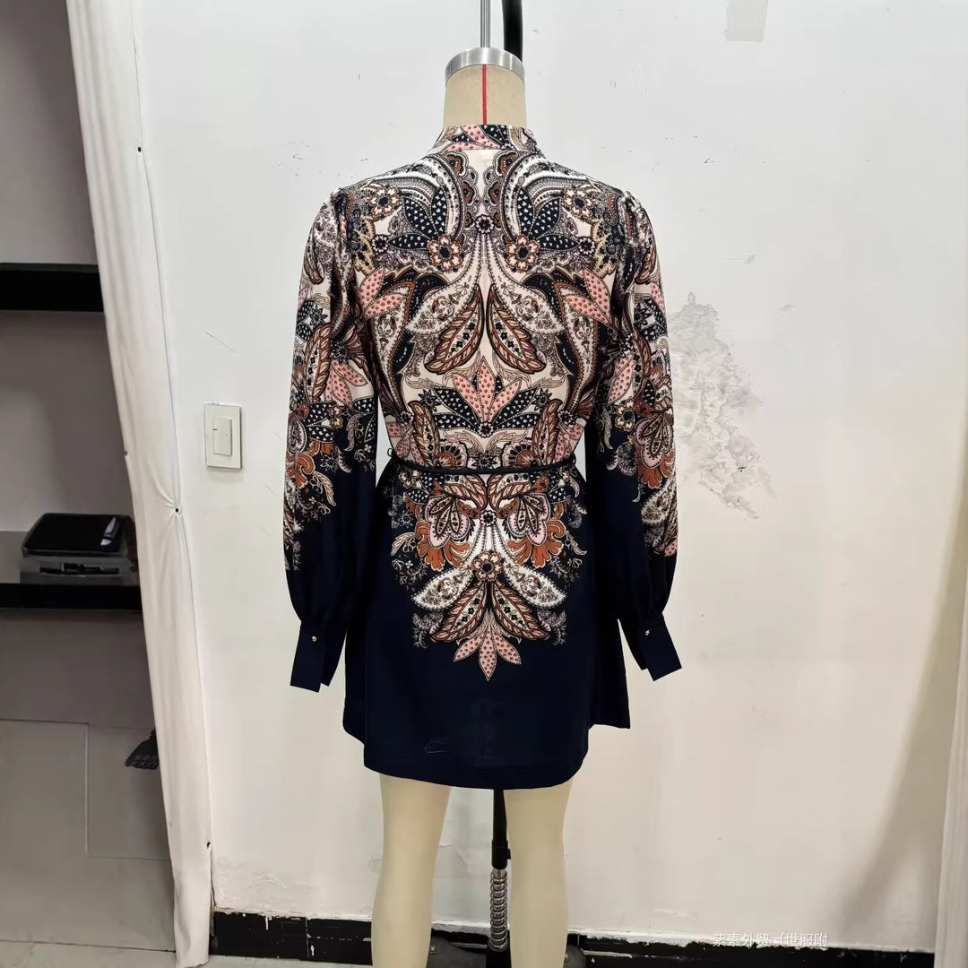 Damen Gemustertes Tunika-Kleid mit Bindegürtel, Stehkragen und Ballonärmeln Drune