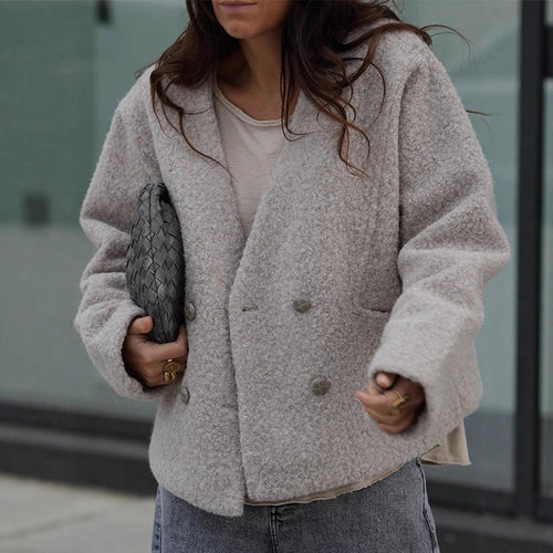 Damen Kurze Teddyjacke mit Doppelknopf-Verschluss und V‑Ausschnitt Drune