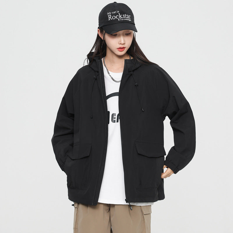 Damen Oversize Windbreaker Jacke mit Kapuze und Cargotaschen Drune