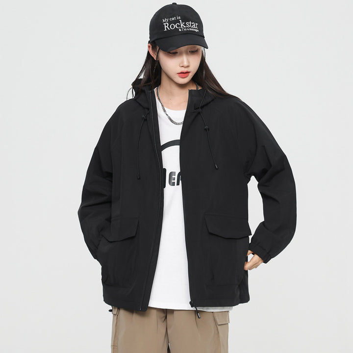 Damen Oversize Windbreaker Jacke mit Kapuze und Cargotaschen Drune