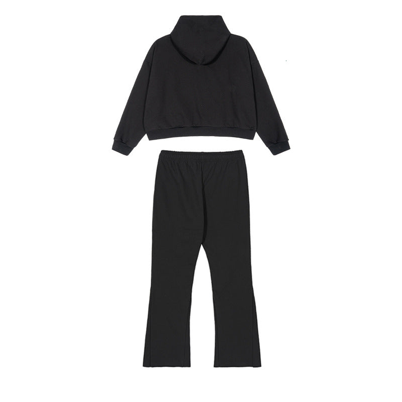 Damen Cropped-Kapuzenpullover und ausgestellte Sweathose Lounge-Set aus French-Terry Drune