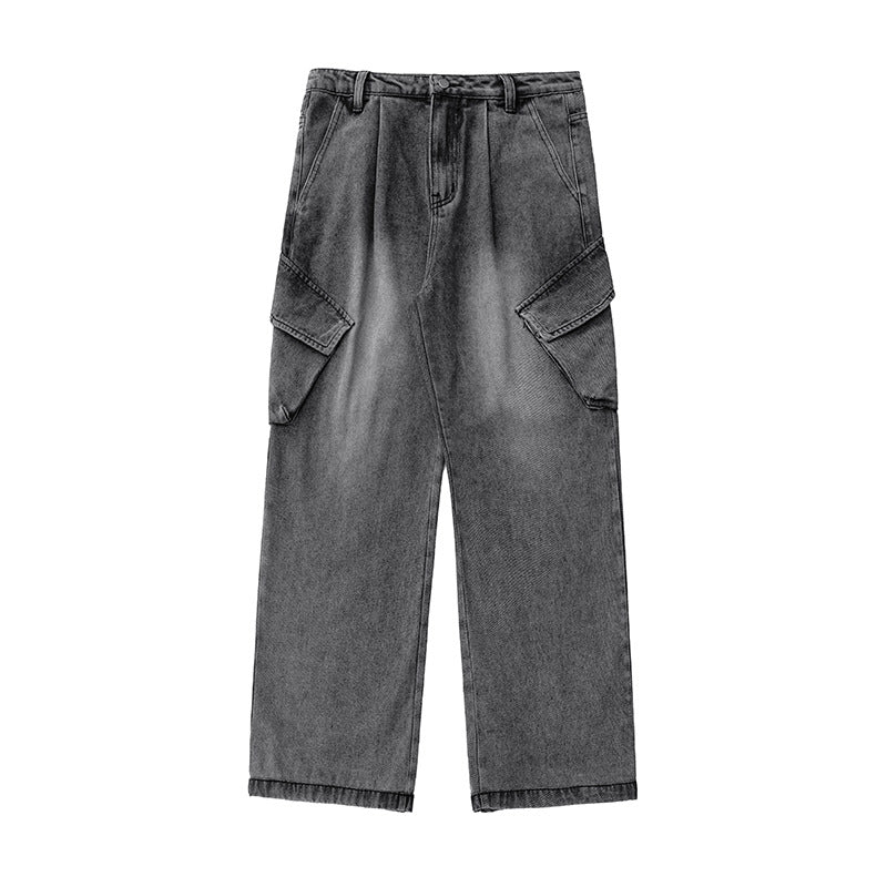 Unisex Hochtaillierte Relaxed-Denim‑Cargohose mit weitem Palazzoschnitt und asymmetrischen Klappentaschen Drune