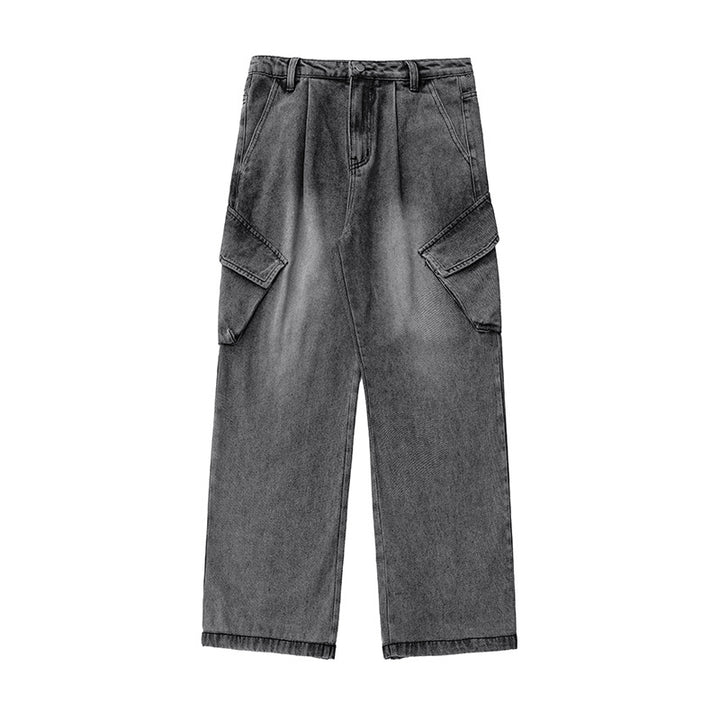Unisex Hochtaillierte Relaxed-Denim‑Cargohose mit weitem Palazzoschnitt und asymmetrischen Klappentaschen Drune